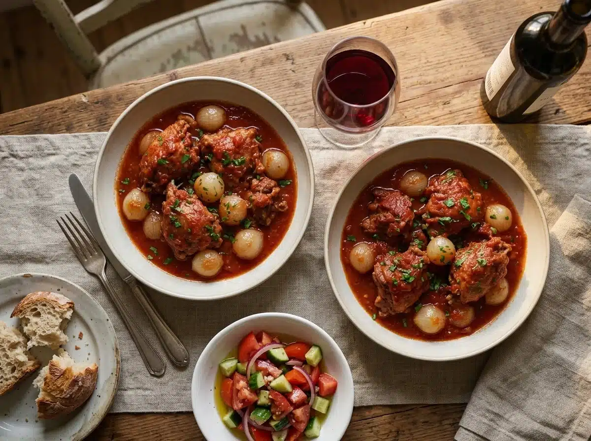 Two people sharing bowls of rabbit stew with torn crusty bread, red wine and a cucumber salad by a window